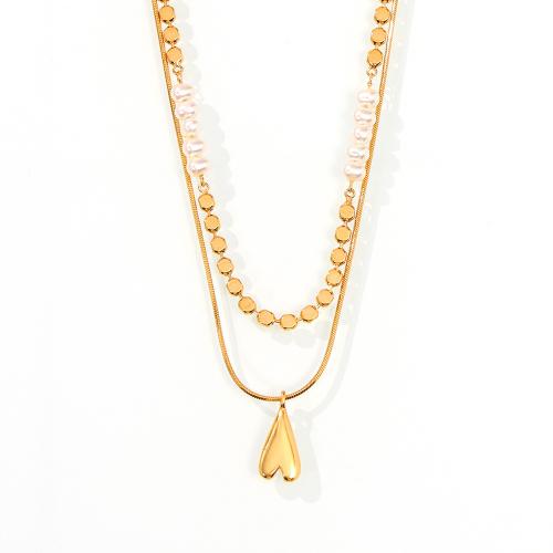 Brass Necklace, with Plastic Pearl, 18K gold plated, 2 pieces & fashion jewelry & for woman, Sold By Set