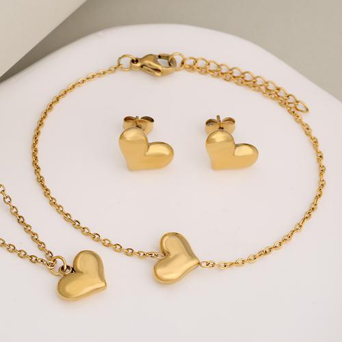 Fashion Stainless Steel Jewelry Sets, Stud Earring & bracelet & necklace, 304 Stainless Steel, Heart, plated, three pieces & fashion jewelry & for woman, more colors for choice, Sold By Set