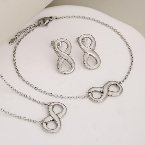 Fashion Stainless Steel Jewelry Sets, Stud Earring & bracelet & necklace, 304 Stainless Steel, Number 8, plated, three pieces & for woman & hollow, more colors for choice, Sold By Set