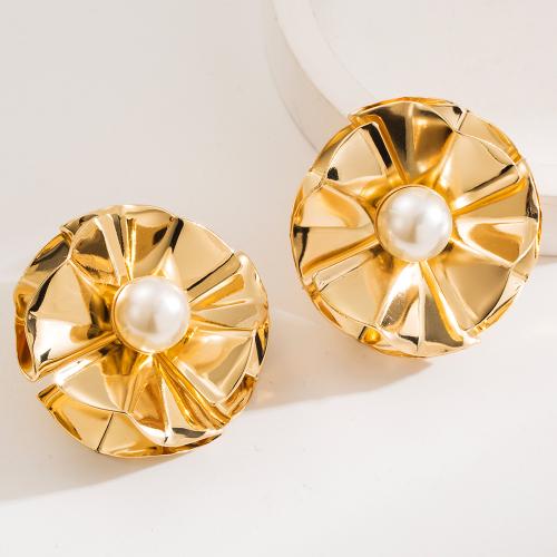 Stainless Steel Stud Earrings, 304 Stainless Steel, with Resin & Plastic Pearl, plated, fashion jewelry & different styles for choice & for woman, golden, Sold By Pair