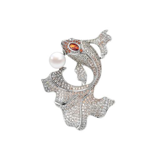 Fashion Brooch Jewelry, Brass, with Freshwater Pearl, plated, micro pave cubic zirconia & for woman, silver color, 44x57mm, Sold By PC