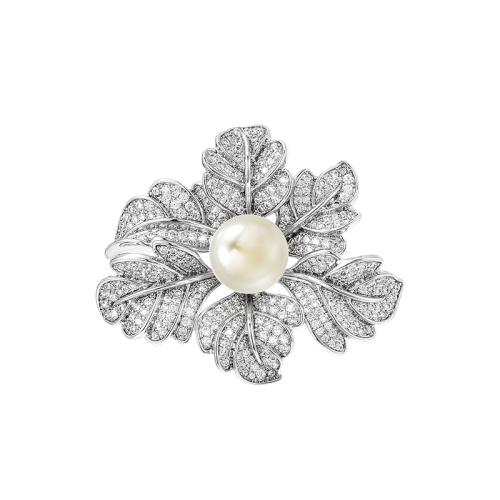 Broche bijoux de mode, laiton, avec Shell Pearl, Placage, pavé de micro zircon & pour femme, argent, 40x16mm, Vendu par PC