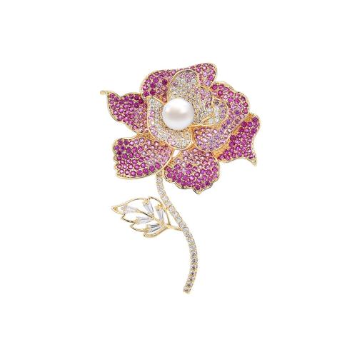 Broche bijoux de mode, laiton, avec perle d'eau douce cultivée, Placage, pavé de micro zircon & pour femme, doré, 39x55mm, Vendu par PC