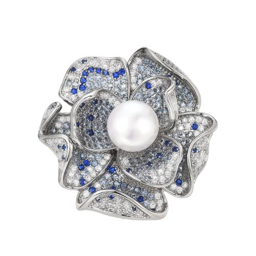 Broche bijoux de mode, laiton, avec perle d'eau douce cultivée, pavé de micro zircon & pour femme, argent, 37x38mm, Vendu par PC