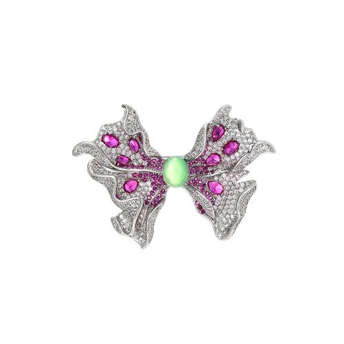 Fashion Brooch Jewelry, Brass, with Jade, plated, micro pave cubic zirconia & for woman, silver color, 43x62mm, Sold By PC