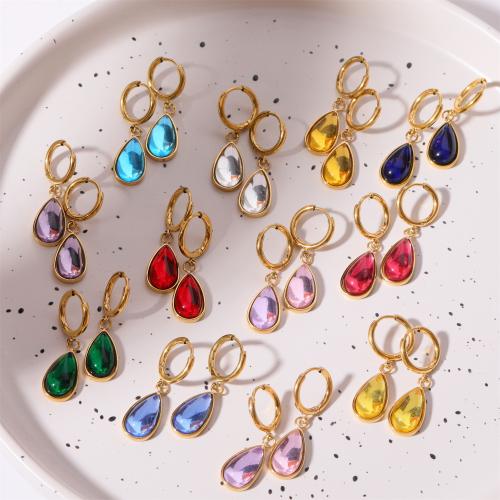 Huggie Hoop Drop Earring, 304 Stainless Steel, Vacuum Ion Plating, for woman & with rhinestone, more colors for choice, Sold By PC