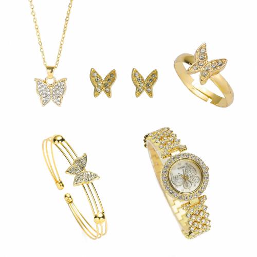 Tibetan Style Jewelry Set, Stud Earring & bangle & watch & finger ring & necklace, with Glass & 304 Stainless Steel, Butterfly, gold color plated, for woman & with rhinestone, 170x110x70mm, Sold By Set