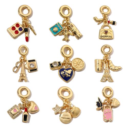 Stainless Steel European Pendants, Brass, gold color plated, Different Shape for Choice & DIY & micro pave cubic zirconia & enamel, more colors for choice, nickel, lead & cadmium free, 6PCs/Bag, Sold By Bag