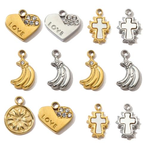 Stainless Steel Pendants, 304 Stainless Steel, with Shell, Vacuum Ion Plating, Different Shape for Choice & DIY & with rhinestone, more colors for choice, 6PCs/Bag, Sold By Bag