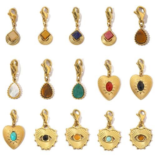 Stainless Steel Key Clasp, 304 Stainless Steel, with Gemstone & Shell, Vacuum Ion Plating, Different Shape for Choice & DIY, more colors for choice, 6PCs/Bag, Sold By Bag