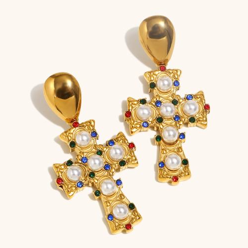 Stainless Steel Stud Earrings, 304 Stainless Steel, with Plastic Pearl, Cross, gold color plated, for woman & with rhinestone, Sold By Pair