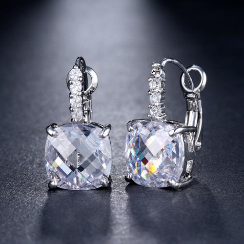 Brass Leverback Earring, with Cubic Zirconia, Square, plated, fashion jewelry & for woman, more colors for choice, Sold By Pair