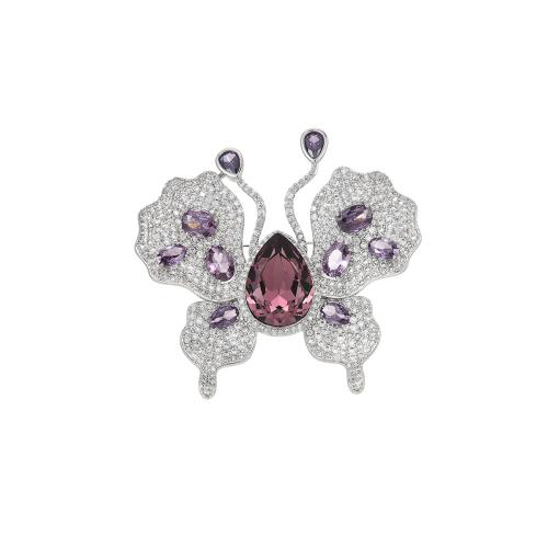 Crystal Brooch, Brass, with Austrian Crystal, plated, micro pave cubic zirconia & for woman, silver color, 52x55mm, Sold By PC