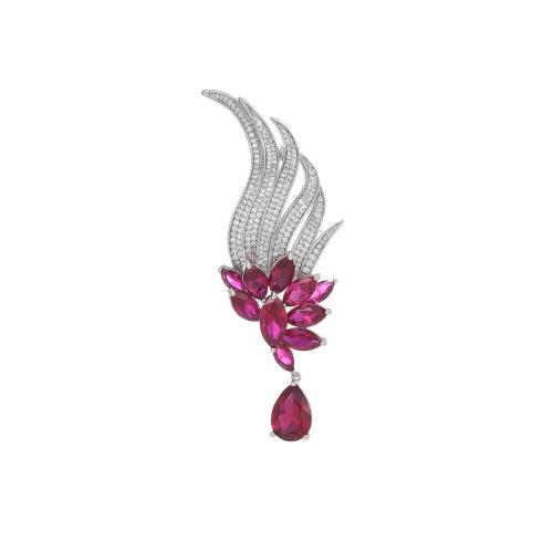 Fashion Brooch Jewelry, Brass, with Ruby Alumina, plated, micro pave cubic zirconia & for woman, silver color, 77x28mm, Sold By PC