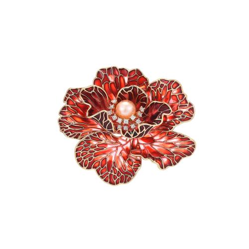 Fashion Brooch Jewelry, Brass, with Shell Pearl, plated, micro pave cubic zirconia & for woman & enamel, red, 48x56mm, Sold By PC