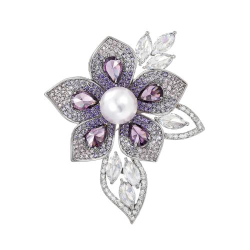 Fashion Brooch Jewelry, Brass, with Shell Pearl, micro pave cubic zirconia & for woman, silver color, 55x58mm, Sold By PC