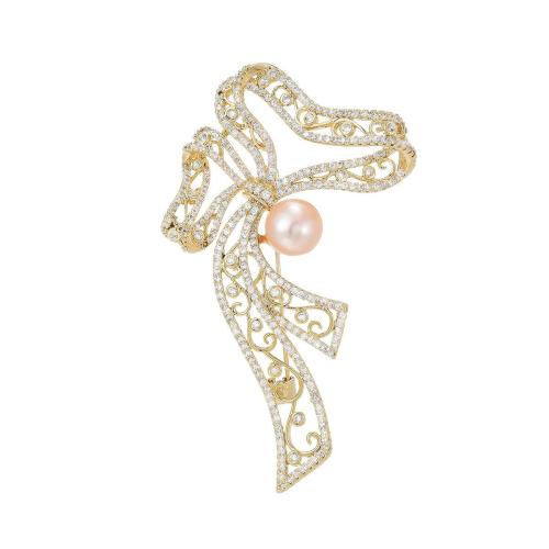 Fashion Brooch Jewelry, Brass, with Freshwater Pearl, plated, micro pave cubic zirconia & for woman, golden, 68x34mm, Sold By PC