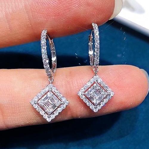 laiton Boucles d'oreilles pendantes Hoop Huggie, Motif géométrique, Plaqué de platine, pavé de micro zircon & pour femme, 27mm, Vendu par paire