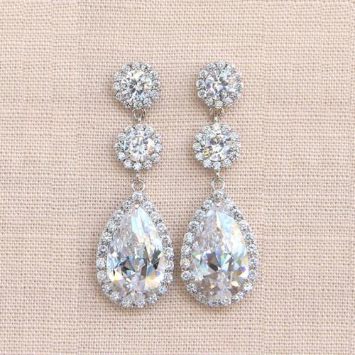 Brass Drop Earring, Teardrop, platinum plated, micro pave cubic zirconia & for woman, 32mm, Sold By Pair