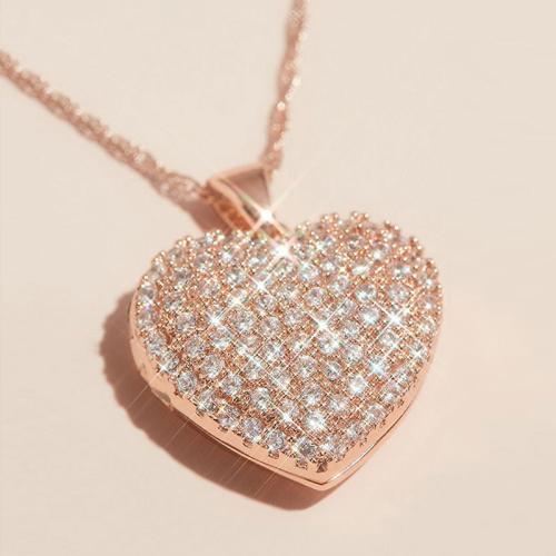 Brass Necklace, Heart, rose gold color plated, oval chain & micro pave cubic zirconia & for woman, Length:Approx 18 Inch, Sold By PC