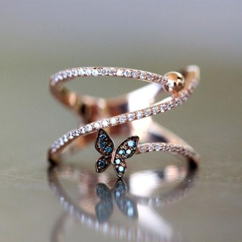 Brass Finger Ring, Butterfly, rose gold color plated, different size for choice & micro pave cubic zirconia & for woman, US Ring Size:6-10, Sold By PC