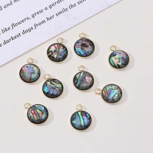 Natural Abalone Shell Pendants, Round, gold color plated, DIY, 11mm, Sold By PC