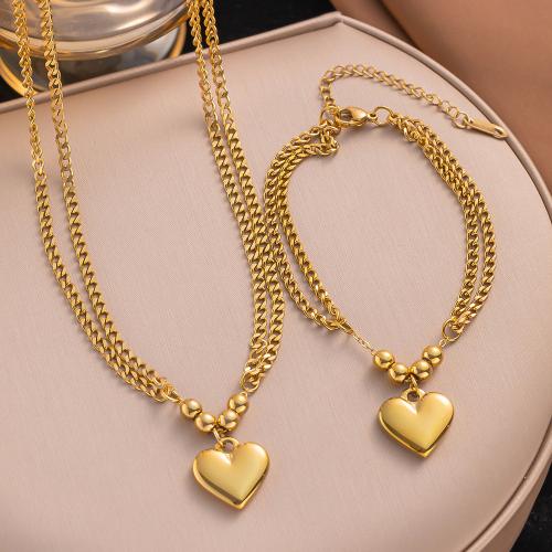 Fashion Stainless Steel Jewelry Sets, 304 Stainless Steel, plated, Double Layer & different styles for choice & for woman, golden, Necklace size:40-5cm, bracelet size:16-5cm., Sold By PC