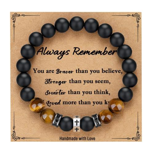 Natural Tiger Eye Bracelets, with Black Agate & 316L Stainless Steel, handmade, different packing style for choice & Unisex & micro pave cubic zirconia, Sold By PC