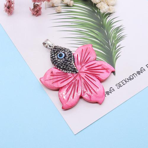 Shell Pendants, Flower, DIY & evil eye pattern & enamel, pink, 44x54mm, Sold By PC