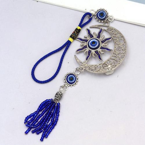 Hanging Ornaments, Tibetan Style, with Seedbead & Nylon Cord & Resin, Moon, silver color plated, evil eye pattern & enamel, blue, Sold By PC