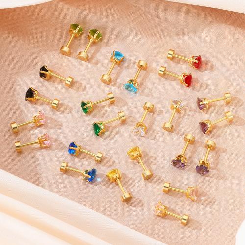 Stainless Steel Stud Earrings, 304 Stainless Steel, gold color plated, fashion jewelry & micro pave cubic zirconia, more colors for choice, Sold By Pair