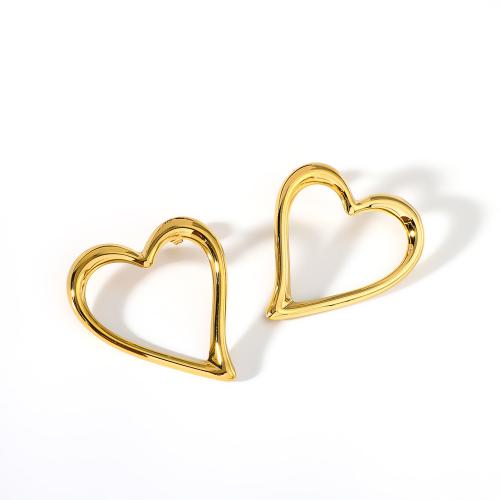 Stainless Steel Stud Earrings, 304 Stainless Steel, Heart, gold color plated, fashion jewelry, golden, 37x42mm, Sold By Pair