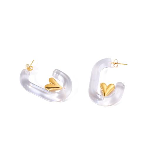 Stainless Steel Stud Earrings, 304 Stainless Steel, with Acrylic, gold color plated, fashion jewelry, white, Sold By Pair