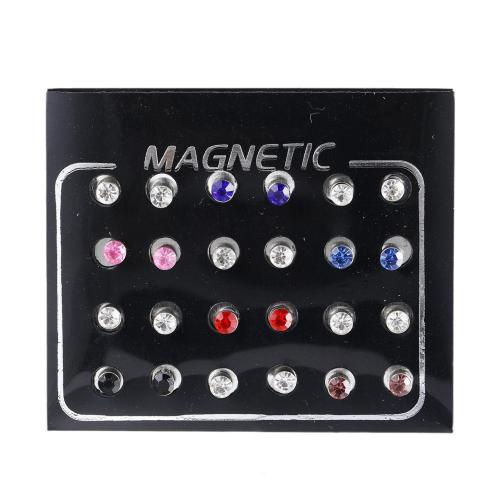 Boucle d'oreille magnétique, alliage de zinc, Placage, 12 pièces & bijoux de mode & avec strass, couleurs mélangées, Vendu par fixé