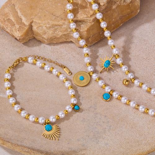 Plastic Bracelet, 304 Stainless Steel, with turquoise & Plastic Pearl, plated, fashion jewelry & different styles for choice & for woman, golden, Sold By PC