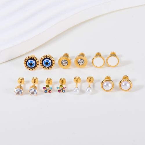 Boucle d'oreille de gaujon en acier inoxydable, Acier inoxydable 304, avec perle de plastique, Placage de couleur d'or, motif de mauvais œil & styles différents pour le choix & pour femme & émail & avec strass, plus de couleurs à choisir, Vendu par paire