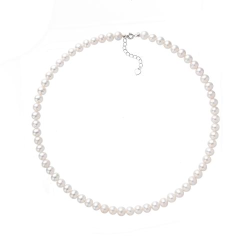 Natural Freshwater Pearl Necklace, Round, silver color plated, with packing box & for woman, Length:45 cm, Sold By PC