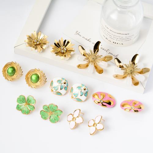 Pendientes de Acero Inoxidable, acero inoxidable 304, chapado en color dorado, diferentes estilos para la opción & para mujer & esmalte & con diamantes de imitación, más colores para la opción, Vendido por Par