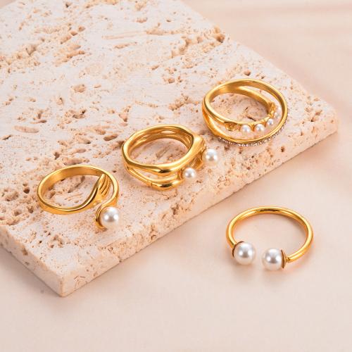 Rhinestone Stainless Steel Finger Ring, 304 Stainless Steel, with Plastic Pearl, gold color plated, different styles for choice & for woman & with rhinestone, more colors for choice, Sold By PC