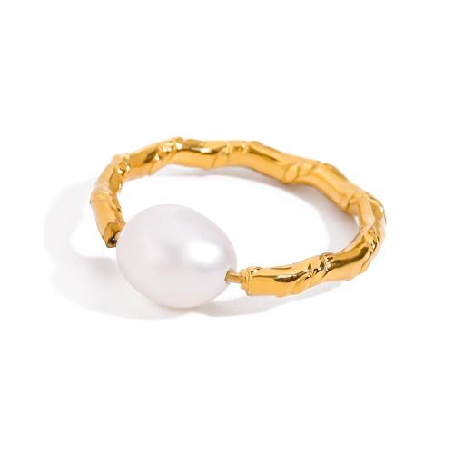 Stainless Steel Finger Ring, 304 Stainless Steel, with Plastic Pearl, gold color plated, fashion jewelry, golden, Sold By PC