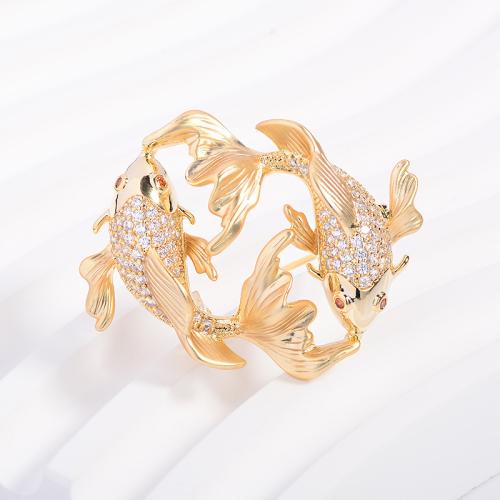 Cubic Zirconia Brooch, Brass, Fish, gold color plated, fashion jewelry & micro pave cubic zirconia, golden, nickel, lead & cadmium free, 38x36mm, Sold By PC