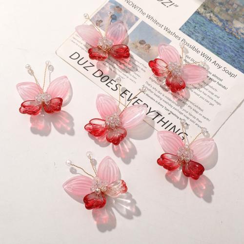 Hair Accessories DIY Findings, Glass, with brass wire, Butterfly, pink, 35x30mm, Sold By PC