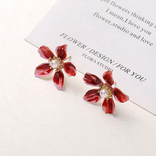 Tibetan Style Stud Earring, with Plastic Pearl, Flower, gold color plated, fashion jewelry & enamel, red, nickel, lead & cadmium free, 28mm, Sold By Pair