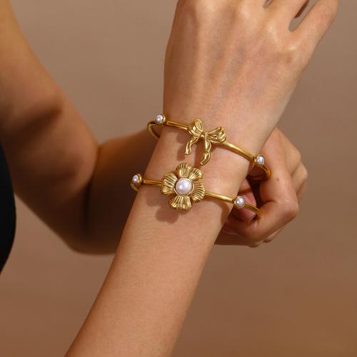 acero inoxidable 304 Brazalete, con Perlas plásticas, chapado en color dorado, Joyería & diferentes patrones para la opción, dorado, Vendido por UD