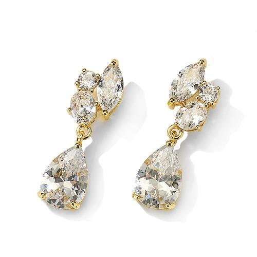 Brass Drop Earring, Teardrop, plated, for woman & with cubic zirconia, more colors for choice, 7x25mm, Sold By Pair