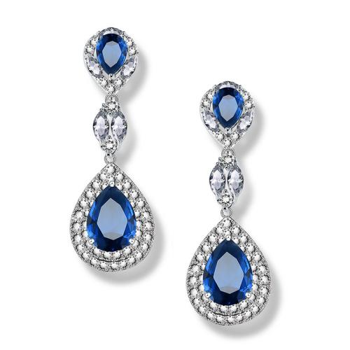 laiton Boucle d'oreille goutte, larme, Plaqué de platine, pavé de micro zircon & pour femme, earring length 35-50mm, Vendu par paire