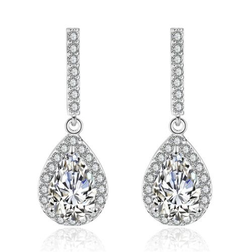 Brass Drop Earring, Teardrop, plated, micro pave cubic zirconia & for woman, more colors for choice, 21x35mm, Sold By Pair