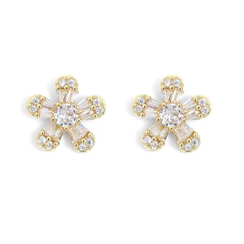 Brass Stud Earring, Flower, plated, micro pave cubic zirconia & for woman, more colors for choice, 10mm, Sold By Pair