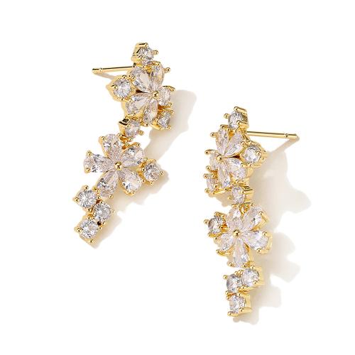 Brass Drop Earring, Flower, plated, micro pave cubic zirconia & for woman, more colors for choice, earring length 30-42mm, Sold By Pair