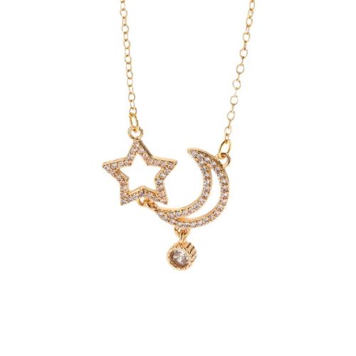 Stainless Steel Jewelry Necklace, 304 Stainless Steel, Moon and Star, micro pave cubic zirconia & for woman & hollow, golden, Sold By PC